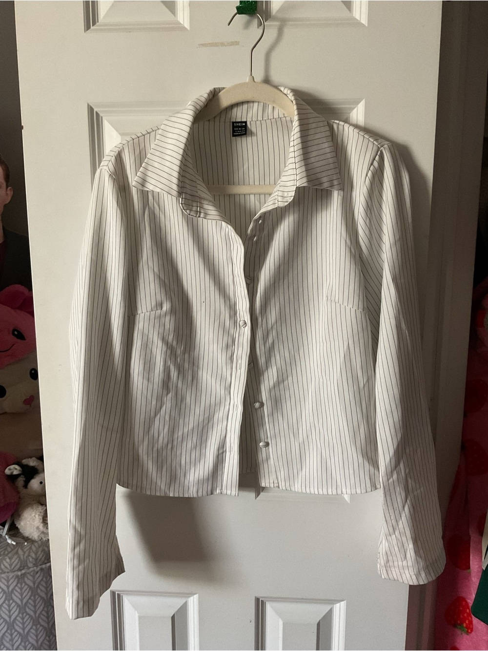 White Pinstripe Button-Front Shirt Jacket